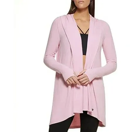 DKNY Sport NWT M Pink Long Knit Sweater Cardigan Elbow Cutout Hoodie $99 #2009C