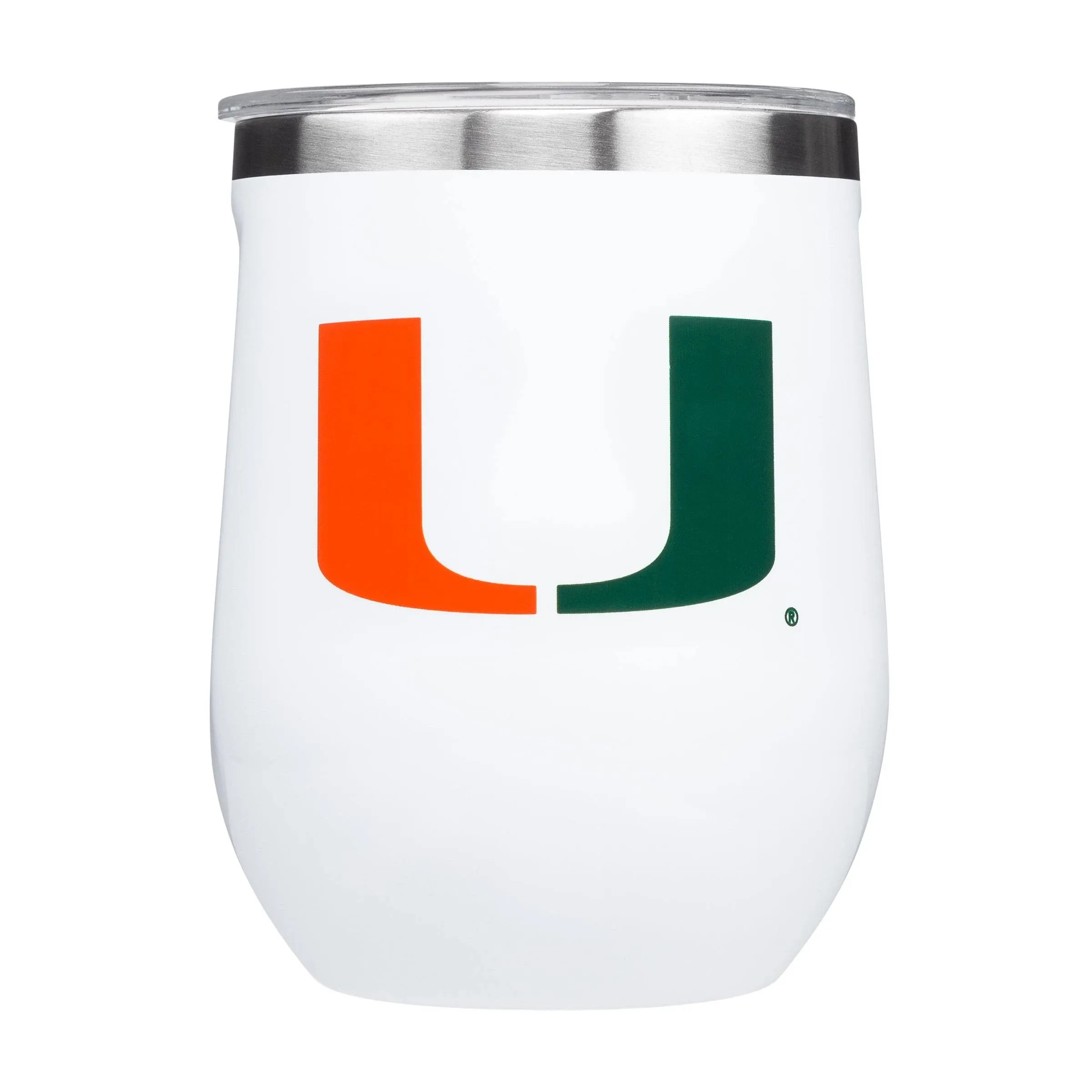 Stemless - 12oz NCAA Triple Insulated Stainless Steel Stemless Wine Glass, University of Miami Hurricane, Big Logo