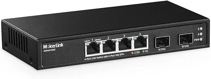 MokerLink 4 Port 2.5G Ethernet Switch with 2 Port 10G SFP+ Slot, 4 x 2.5G Base-T Ports Compatible with 10/100/1000Mbps, Metal Unmanaged Fanless Small Network Switch