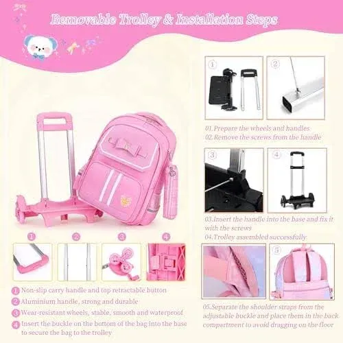 MITOWERMI Rolling Backpack for Girls Cute Trolley Bags Primary School Bookbags with Wheels Kids Carry-On Wheeled Backpack with Lunch Bag