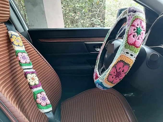 YDMCrochet Sunflower Crochet,Galsang Flower Steering Wheel Cover for Women Girl (Steering Wheel Cover+2 Seatbelt Covers)