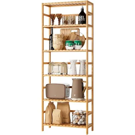 FOTOSOK 6-Tier Bamboo Shelf, Bamboo Bookcase with Adjustable Shelves, Free Standing Storage Shelf Unit, Plant Flower Stand for Kitchen, Bathroom, Home Office, Natural