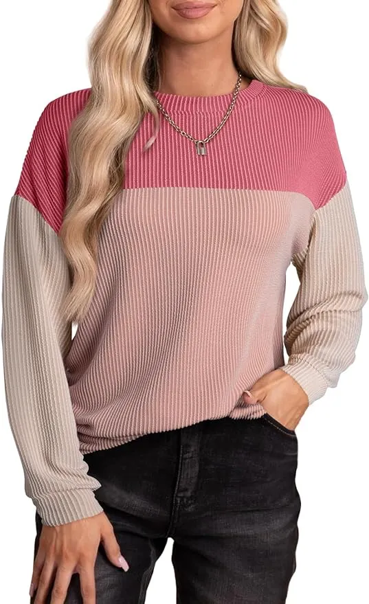 EVALESS Womens Long Sleeve Crewneck Shirts Tops Color Block Lightweight Oversized Loose Fit Top