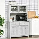 Homcom 63.5" Kitchen Buffet with Hutch, Pantry Storage Cabinet with 4 Shelves, Drawers, Framed Glass Doors, Open Microwave Countertop, Ash Grey