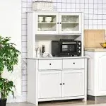 Homcom 63.5" Kitchen Buffet with Hutch, Pantry Storage Cabinet with 4 Shelves, Drawers, Framed Glass Doors, Open Microwave Countertop, Antique White