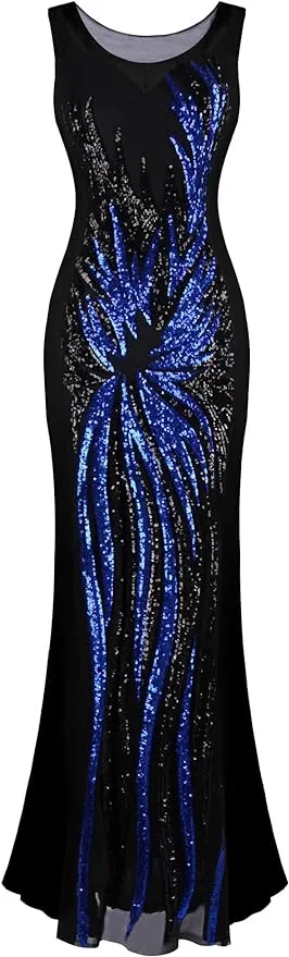 Angel-fashions Mother Dress For Wedding Women s Sheer Round Neck Contrast Gold Blue Sequin Black Evening Gown Large