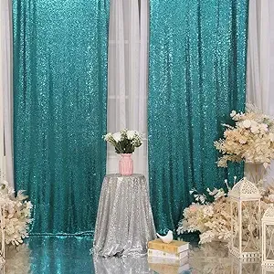 Juya Delight 2ft x 8ft x 2Pcs Teal Sequin Photography Backdrop Curtain for Wedding Party Decoration Festival Ceremony