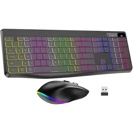 Wireless Keyboard and Mouse Combo Backlit,2.4Ghz Rechargeable Light Up Keyboard and RGB Mouse,Quiet Ergonomic Wireless Mouse Keyboard for Mac, Windows, Laptop, PC (Black)