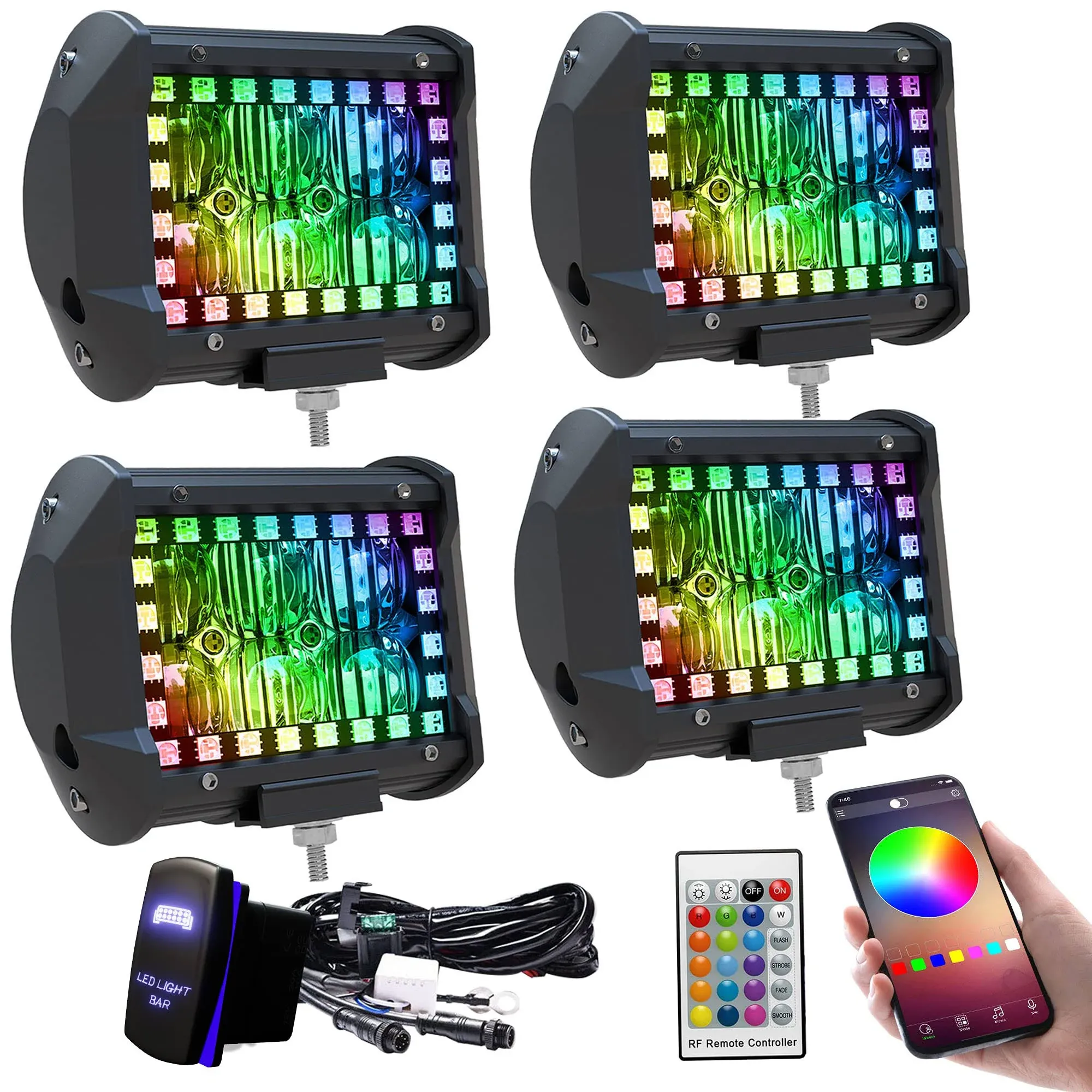 FEELON 4pcs 4" inch LED Pods Flood Work Light Bar Multi-Color Chasing RGB