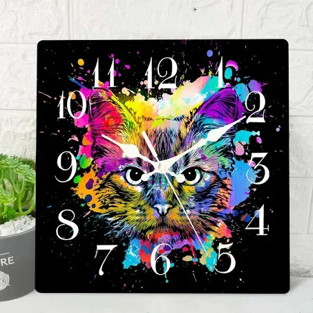 ArtSocket Wooden Wall Clock Silent Non-Ticking, Colorful Cat Animal Cute Funny Square Rustic Wall Clocks Decor for Home Kitchen Living Room Office, Battery Operated(12 Inch)