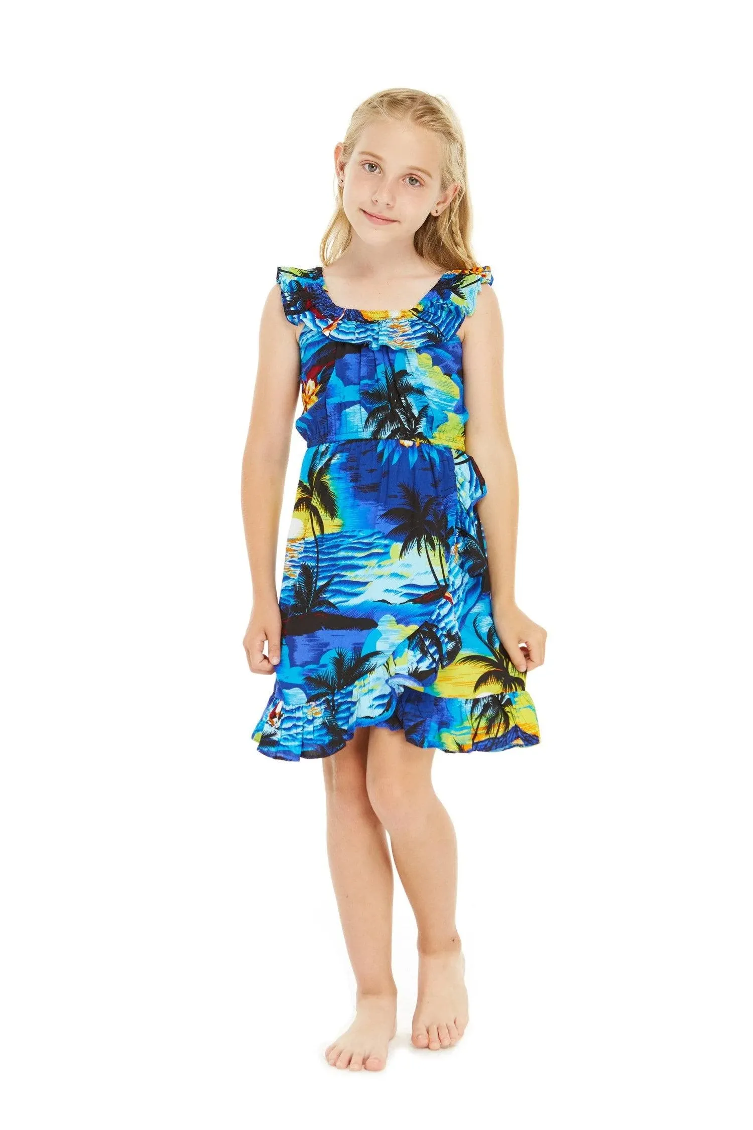 Girl Wrap Ruffle Dress in Blue Sunset Size