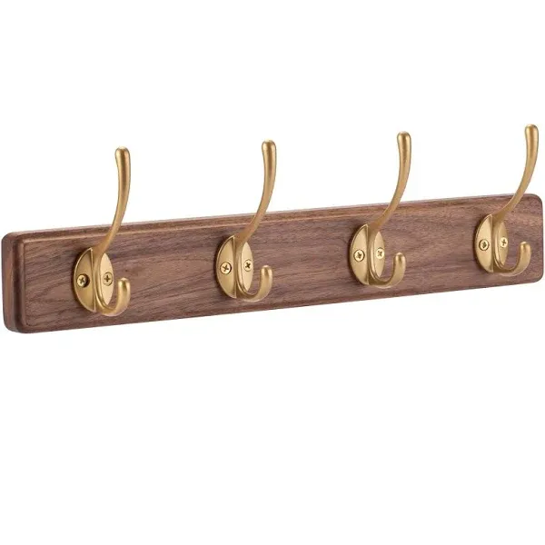 Muso Wood Coat Rack Wall Mounted Wooden Hat Rack and Coat Hanger Wall Coat Rack with 4 Gold Hooks for Entryway Bathroom Bedroom Walnut -15.75inches