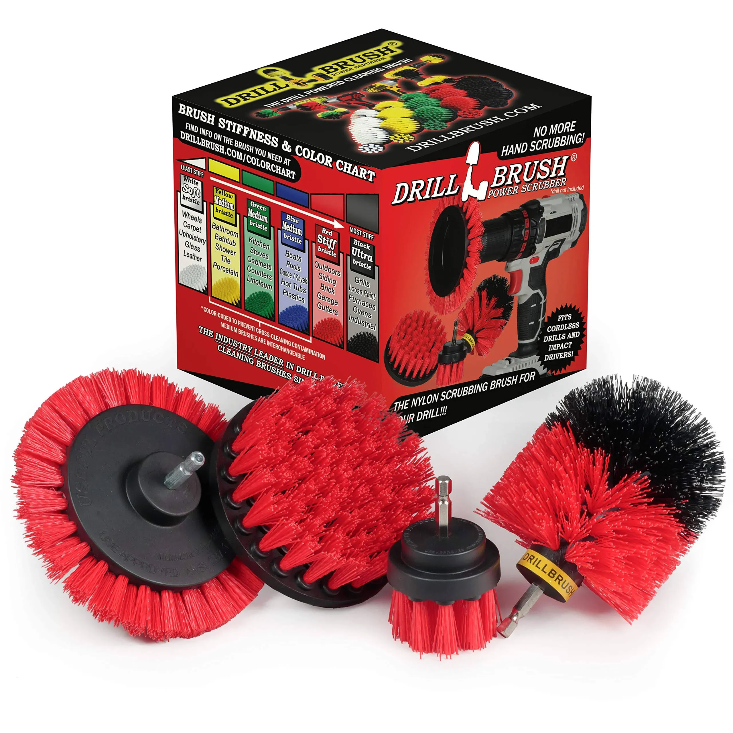 Drillbrush Red – Outdoor Power Scrubber Brush Kit - Garden, Patio, and Deck Cleaning - Drill Brush Attachments for Scrubbing Concrete, Brick, and Stone - Horse Stall Mats, and Feed