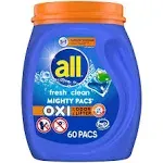 all Laundry Detergent Pacs, Fresh Clean Oxi plus Odor Lifter, 60 Count (packaging may vary)