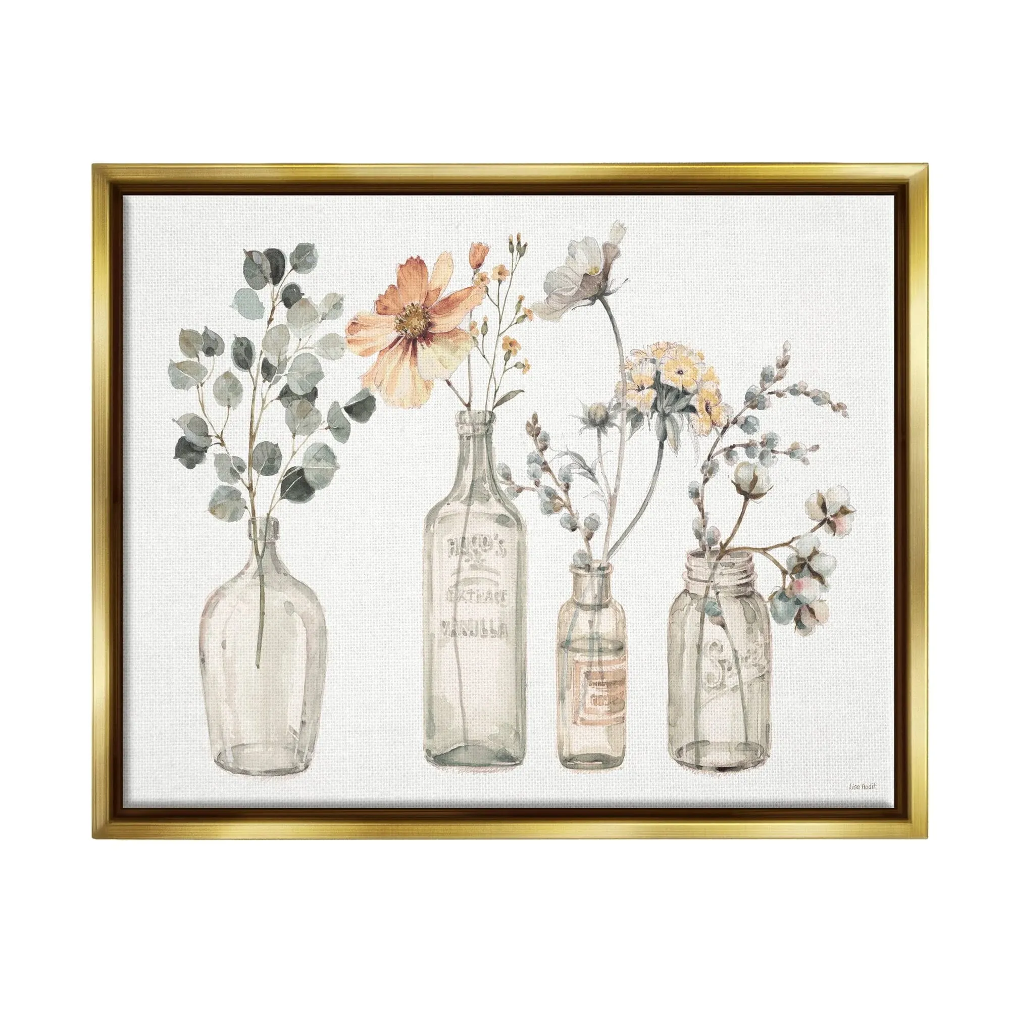 Stupell Industries Antique Floral Bouquets Flowers Glass Jar Painting Gold Floater Framed Canvas Wall Art, 16 x 20