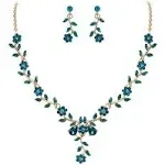 BriLove Women's Wedding Jewelry Leaf Cluster Flower Crystal Dangle Earrings Pendant Necklace Set for Bridal