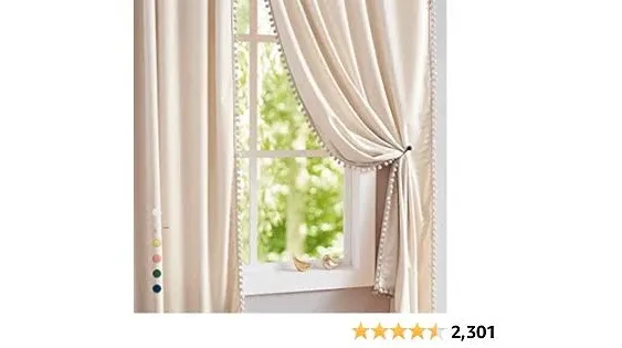 Pom-Pom Cream Velvet Curtain 84inches Long Window Drapes for Living Room Cott...