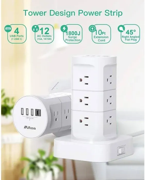 Power Strip Tower Surge Protector Power Strip with USB 12 Outlets with 4 USB Ports (1 USB C), Flat Plug 10FT Extension Cord Multi Plug Outlet Extender Overload Protection for Home Office