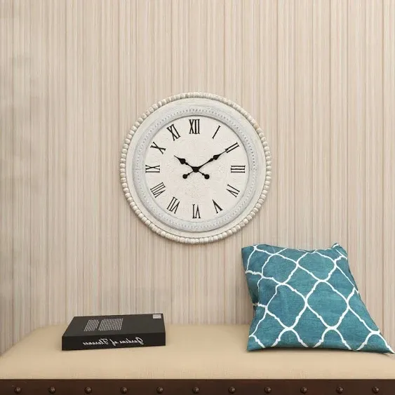 White Distressed Wood Round Beaded Wall Clock | Kirklands Home