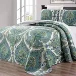 Grand Linen - 3-Piece Oversize (115 X 95) Fine Printed Prewashed Quilt Set Reversible Bedspread Coverlet King Size Bed Cover (Turquoise Blue, Grey, White, Sage Green)