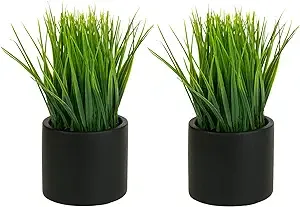 MyGift Tabletop Artificial Grass Plants Decorative Faux Greenery Plant Potted in Modern Cylindrical Black Cement Pots, Set of 2