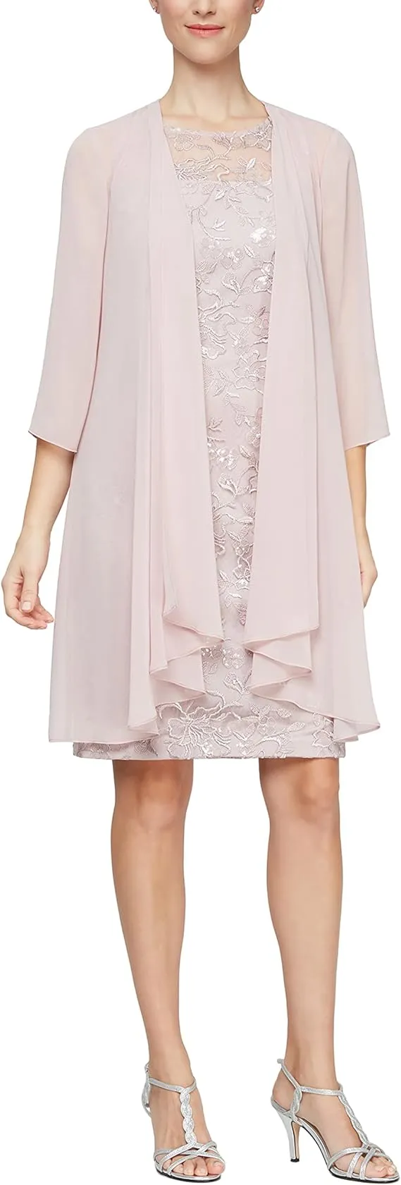 Alex Evenings Petite Size Embroidered Sheath Chiffon 2-Piece Jacket Dress - 10p