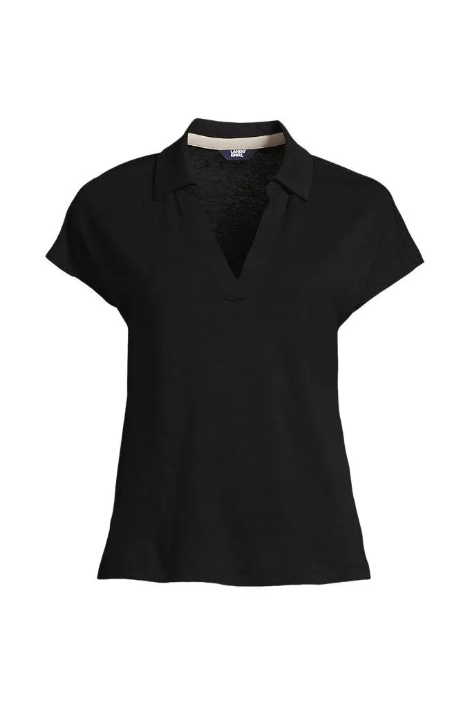 Lands' End Women's Linen Blend Johnny Collar Polo - Black