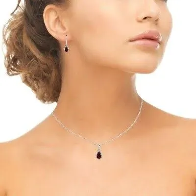 .925 Sterling Silver Created Ruby Teardrop Bezel Necklace &amp; Earrings Set