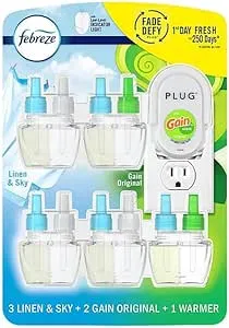 Febreze Plug in Air Fresheners, 3 Linen & Sky & 2 Gain Original Scent, Odor Eliminator for Strong Odors, 1 Warmer + 5 Oil Refills (Packaging May Vary)