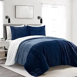 Lush Decor Farmhouse Color Block Soft Fluffy Faux Fur All Season Kids Comforter Set, Twin, Navy - Cute Plush 2 Piece Bedding Set