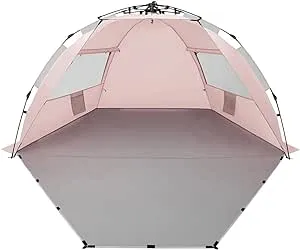 Oileus X-Large 4 Person Beach Tent Sun Shelter - Portable Sun Shade Instant Tent for Beach with Carrying Bag, Stakes, 6 Sand Pockets, Anti UV for Fishing Hiking Camping, Waterproof Windproof, Pink