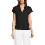 Lands' End Women's Linen Blend Johnny Collar Polo - Black