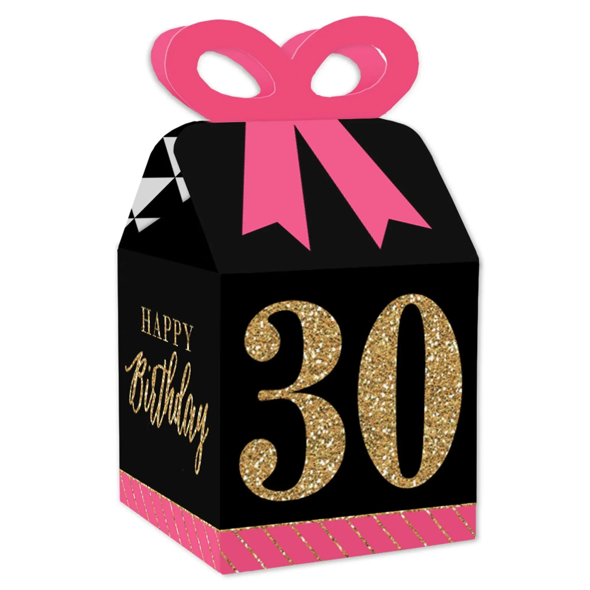 Chic 30th Birthday - Pink, Black and Gold - Square Favor Gift Boxes - Birthday Party Bow Boxes - Set of 12