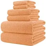 POLYTE Microfibre Oversize, 76 x 152 cm, Quick Dry Lint Free Bath Towel Set, 6 Piece (Orange, Waffle Weave)