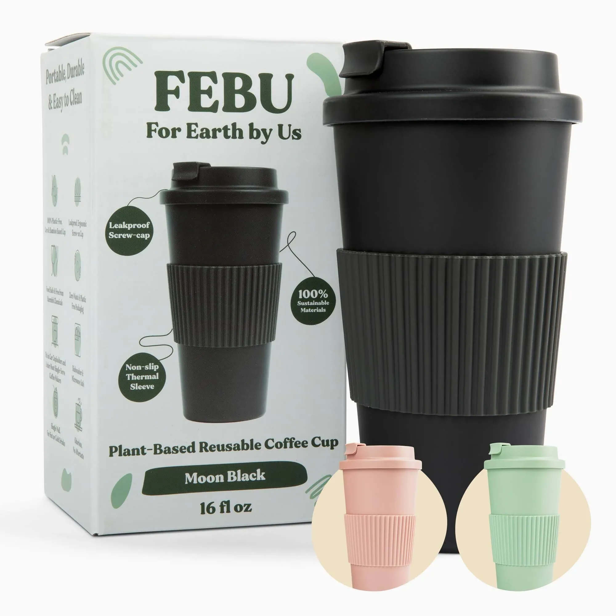 FEBU Plant-Based Reusable Coffee Cup with Lid and Sleeve | 16oz, Moon Black | Portable Travel Mug made from Bamboo | Dishwasher Safe, Compostable, Plastic Free with Leak-Proof Screw-on Lid