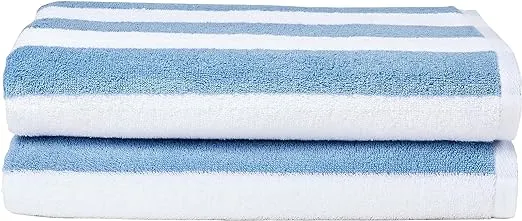 Amazon Basics Sky Blue Cabana Stripe Pool & Beach Towel, 100% Cotton, Soft & Absorbent, Quick Dry, Large, 2 Pack, 30" x 60"