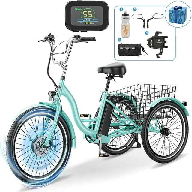 MOONCOOL 350W Motorized Electric Trike, 7 Speed 3 Wheel Electric Bicycle with 36V 10.4Ah Lithium Battery UL Certified, 24"/26" Electric Tricycle for Adults with Rear Basket