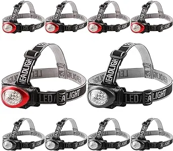 Lichamp Headlamp, 10 Pack 12 LED 3 Mode Portable Head Lamp Flashlight, Outdoor Lightweight Durable Headlight for Running, Camping, Reading, Fishing, Hunting, Walking, Jogging, Black + Red Color