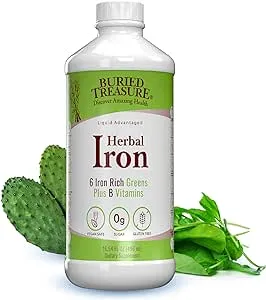 Buried Treasure Herbal Iron - 48 Servings, Liquid Iron and Herbal Supplement, Vitamin C & B Complex Vitamins, Iron-rich Greens, Vegan Iron for Men and Women