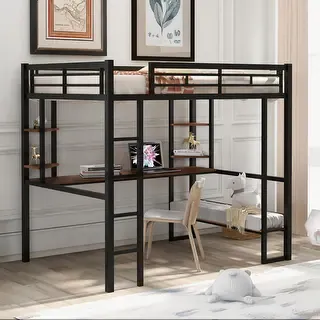 Full Size Metal Loft Bed with Long Desk, Loft Metal&MDF Bed with Long Desk & Shelves,High Loft Bed for Kids Teens Adults, Black