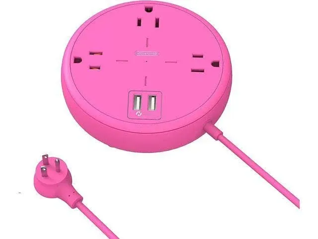 Pink Power Strip with USB Ports, Mountable Flat Plug Extension Cord with 3 Widely ...