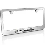 Cadillac LOGO Chrome Plated Brass Metal License Plate Frame with Caps AUTHENTIC