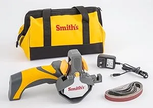 Smith's 50969 Cordless Electric Knife and Tool Sharpener – Yellow – Rechargeable – Portable – Soft Grip Handle – Replaceable Belts – Rotating Head – Canvas Bag Included