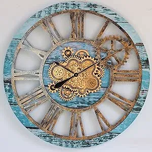 The Gears Clock 36'' Inch Real Moving Gear Wall Clock Vintage Industrial Oversized Rustic Farmhouse (Aqua Green)