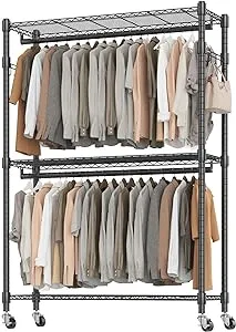 BATHWA Heavy Duty Garment Rack on Wheels, Rolling Clothes Racks for hanging clothes, Simple Sturdy Wardrobe Rack with Double Hanging Rods, 8 Side Hangers, Black