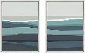 Kate and Laurel Sylvie Abstract Teal Beach Horizon Framed Canvas Wall Art Set by The Creative Bunch Studio, 2 Piece Set 18x24 White, Modern