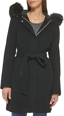 Cole Haan Women's Belted Faux-Fur-Trim Hooded Coat Black 14 Wool