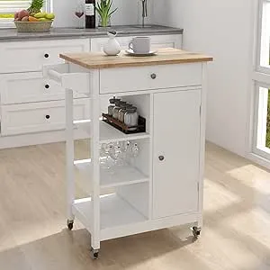 Kitchen Island on Wheels with Single Door and One Drawer Solid Wood Top Storage Cabinet 2 Open Shelves White Kitchen Trolley with Towel Rack,25.98"x15.55"x34.06"(LxWxH)