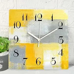 ArtSocket 12 Inch Silent Non-Ticking Wall Clock, Modern Vintage Style, Yellow Grey White Abstract Painting, Battery Operated, Analog Display