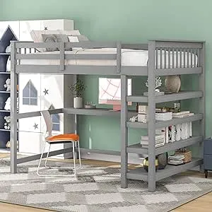 Merax Loft Bed with Storage Shelves and Under-Bed Desk